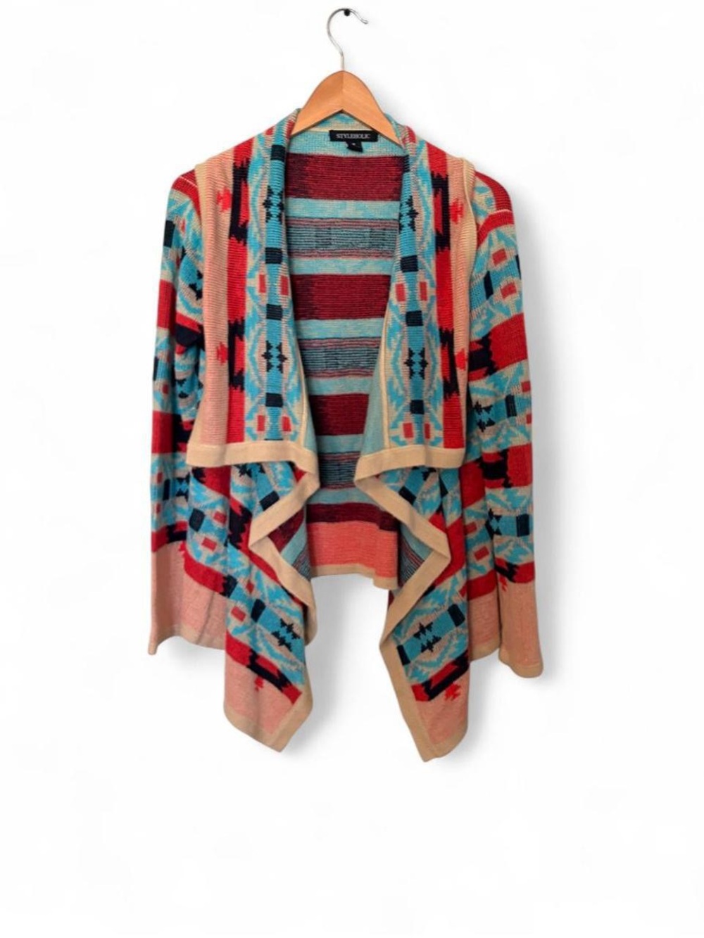Stylish Multi-Color Draped Open Cardigan Sweater - Turquoise & Red
